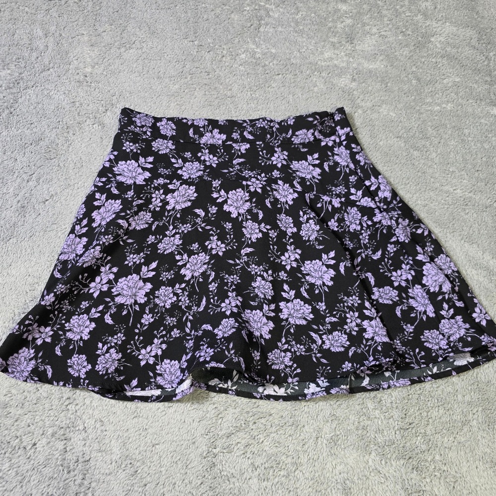 Zara Womens Small Mini Skirt Black Purple Floral Flared A-Line Side Zip